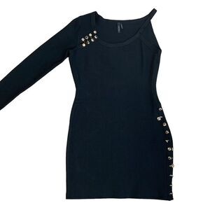 MARCIANO black one shoulder gold button bodycon bandage mini dress Sz L NWOT